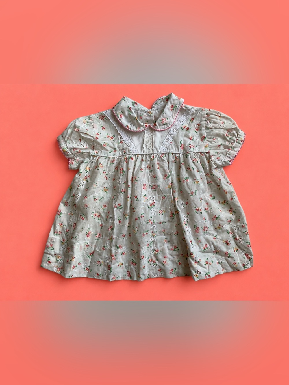 Vintage White Floral Eyelet Baby Dress with Pink Trim
